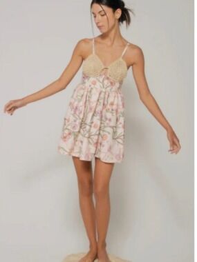 Bahia Maria Floral Cara Crochet Mini  Dress  Large